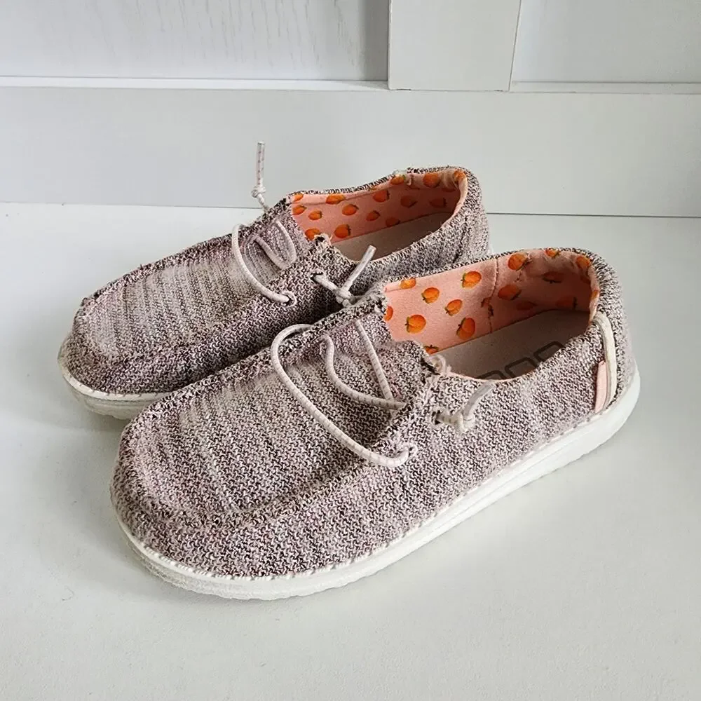 Hey Dude Wendy Youth Stretch‎ Peach Bud - Girls/ Kids 13 Light Pink/Gray